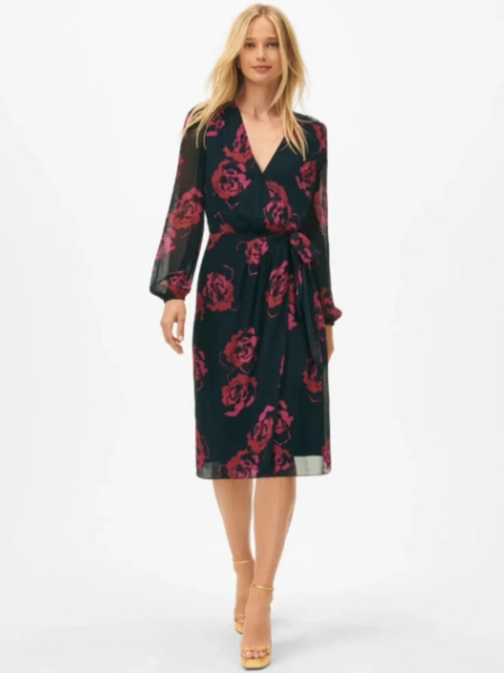 Brooks Brothers Navy & Pink Rose Wrap Chiffon Midi Knee Length Dress Sz 10